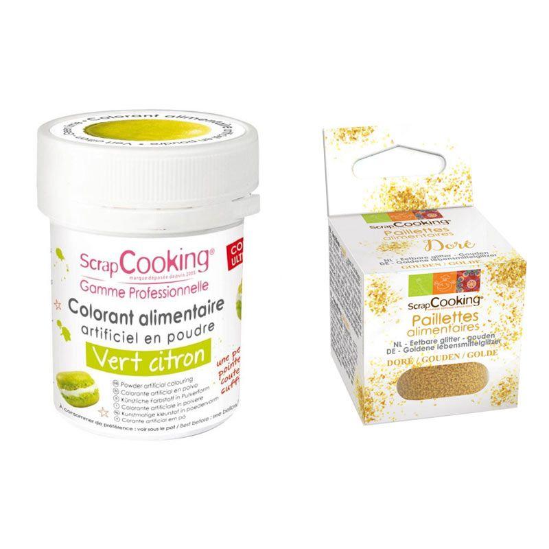 Colorant alimentaire Vert citron + paillettes dorées Scrapcooking