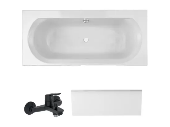 Pack baignoire droite 180 x 80 JACOB DELAFON Elise + tablier en niche + mitigeur bain douche mural Aimé noir + vidage