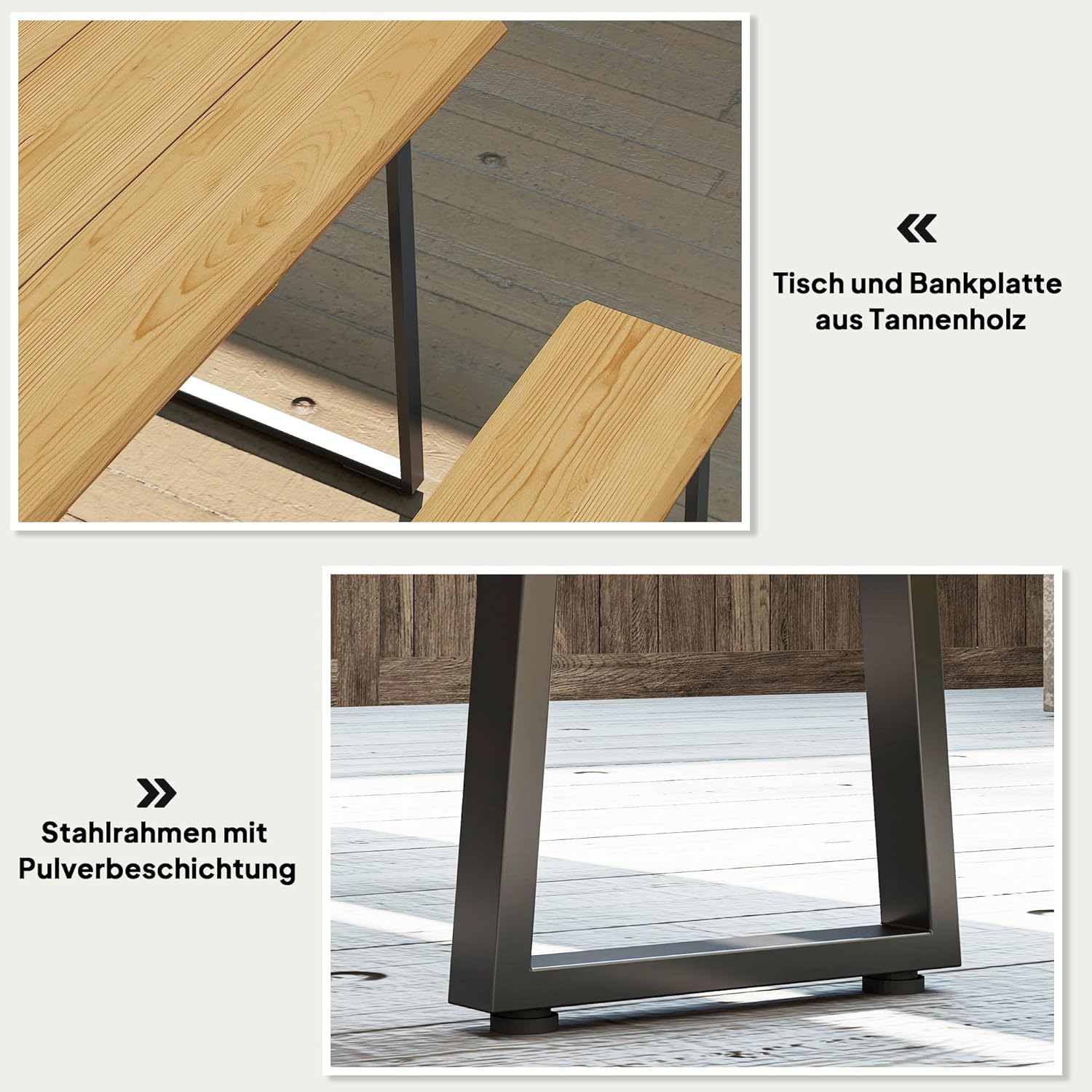 Outsunny Sitzgruppe 3-teilig Holz Essgruppe für 6 Personen Esstisch mit 2 Bänke Schirmloch Esszimmergruppe mit Holztisch Küchentisch-Set Balkonmöbel Gartenmöbel für Terrasse, Balkon Naturholz