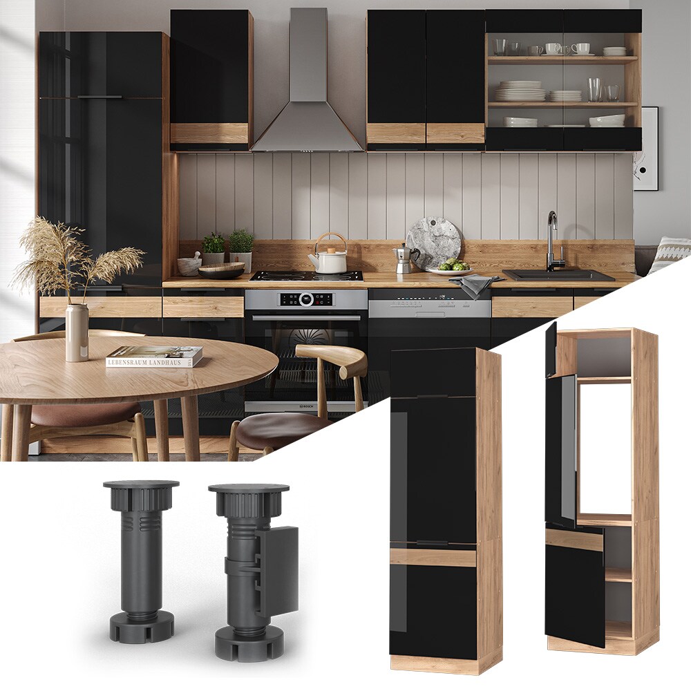 Vicco Kühlumbauschrank Küchenschrank Küchenmöbel Fame-Line Eiche Schwarz 60 cm modern Hochglanz
