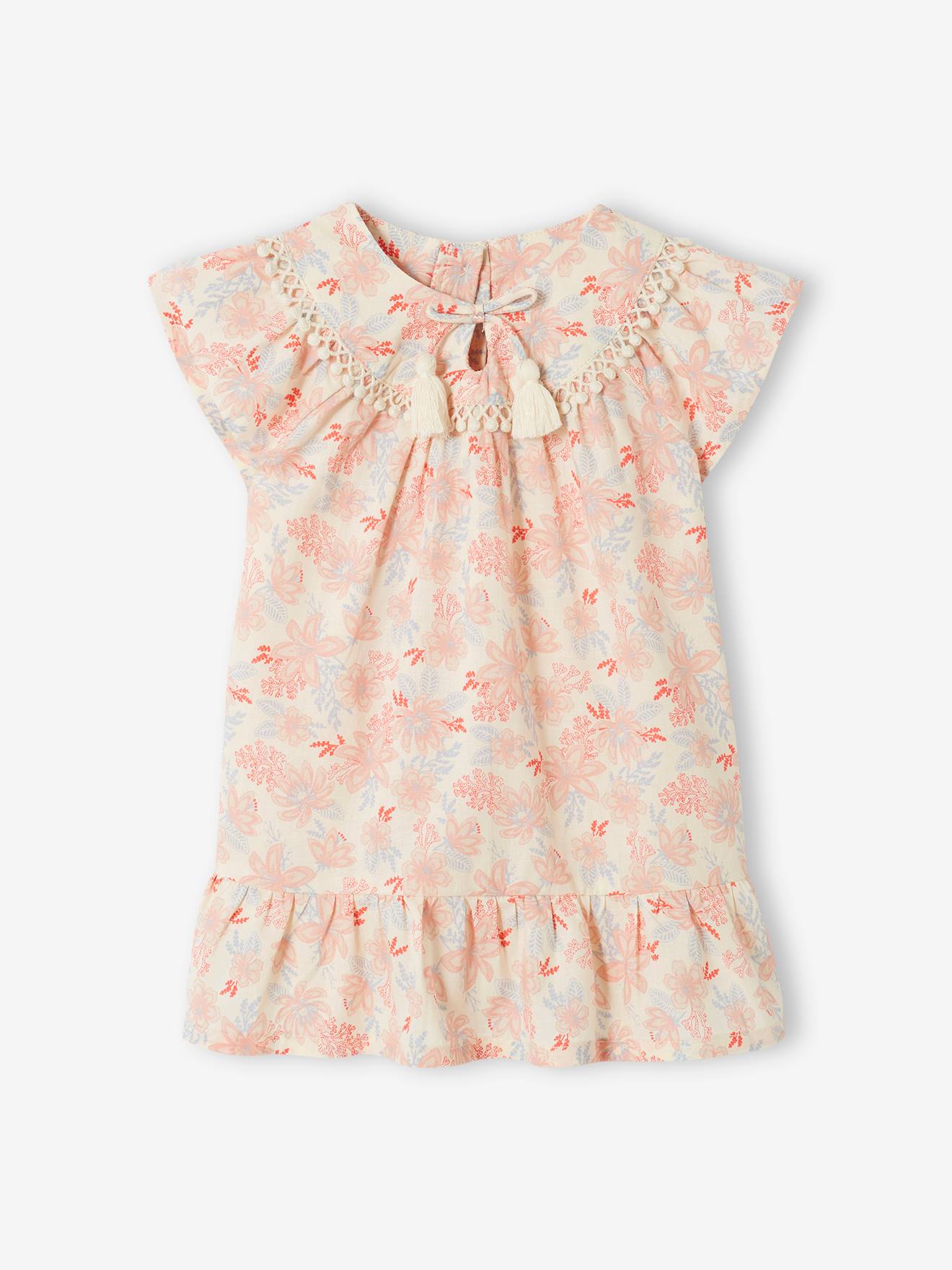 Vestido curto de manga curta com estampa floral off-white para bebê