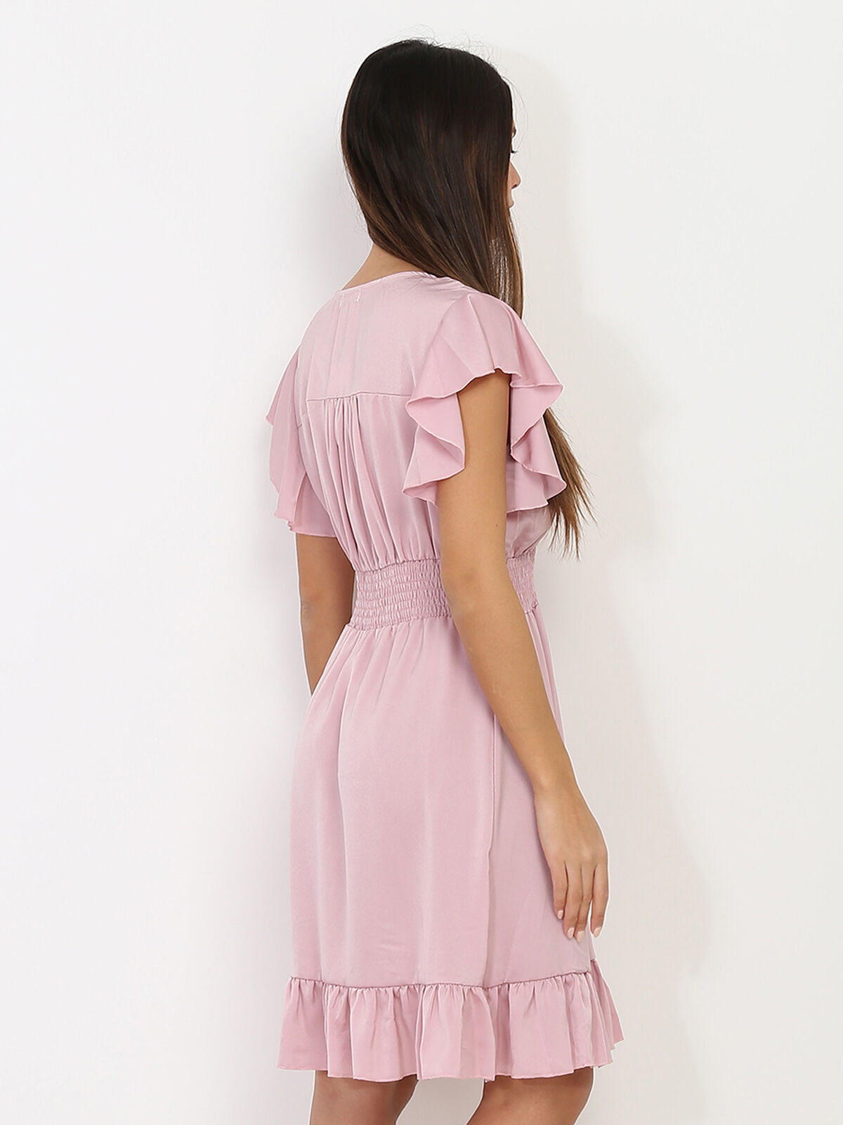 Robe patineuse satinée à volants- Rose