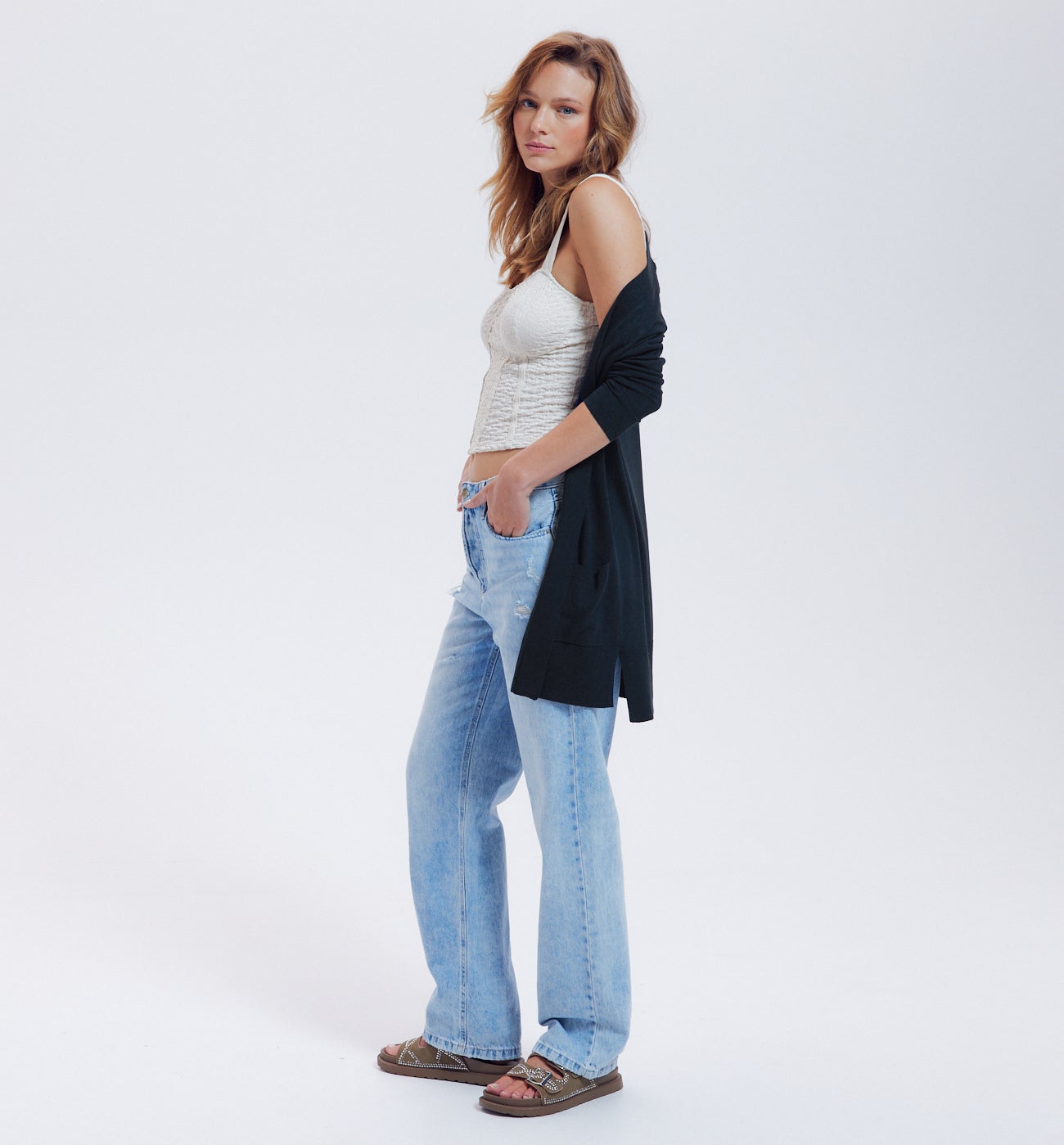 Long gilet en maille fine - Marine