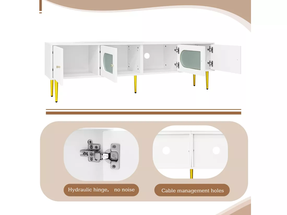 Meuble TV élégant blanc verre courbé avec pieds et poignées dorés 2 portes 170*35*50cm KACCIEN