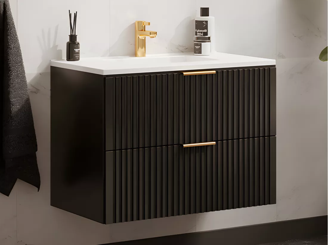 Meuble de salle de bain suspendu strié avec vasque à encastrer - Noir - 80 cm - ZEVARA