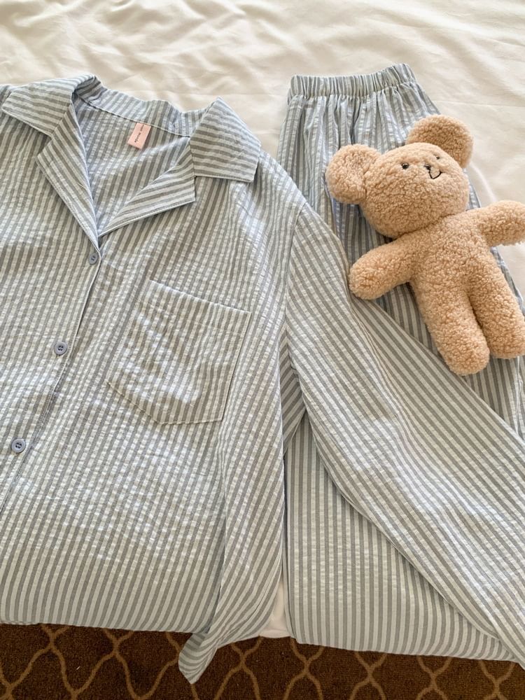 Tanee - Bijpassende pyjamaset voor koppels: shirt met lange mouwen en strepen + broek met rechte pijpen (verschillende ontwerpen)