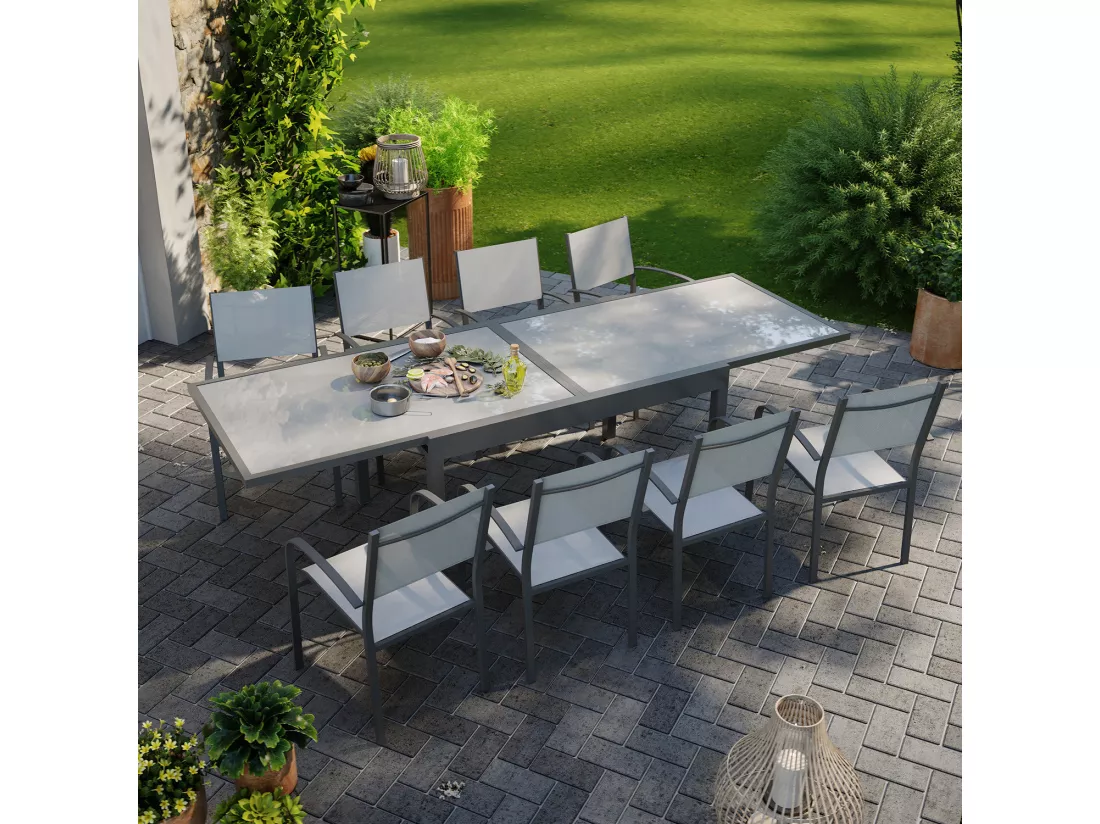 Table de jardin extensible aluminium 270cm + 8 fauteuils empilables textilène anthracite gris - LIO 8