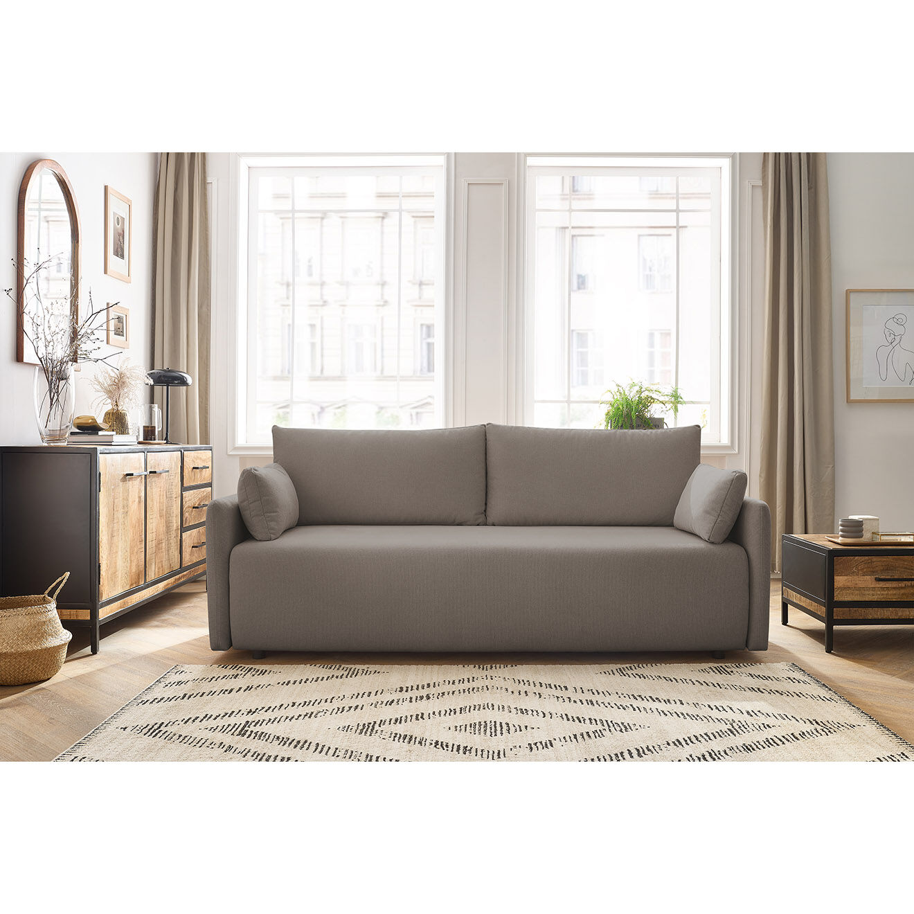 Bobochic Canapé droit convertible coffre marcel tissu lisse taupe - 211x100x86 cm
