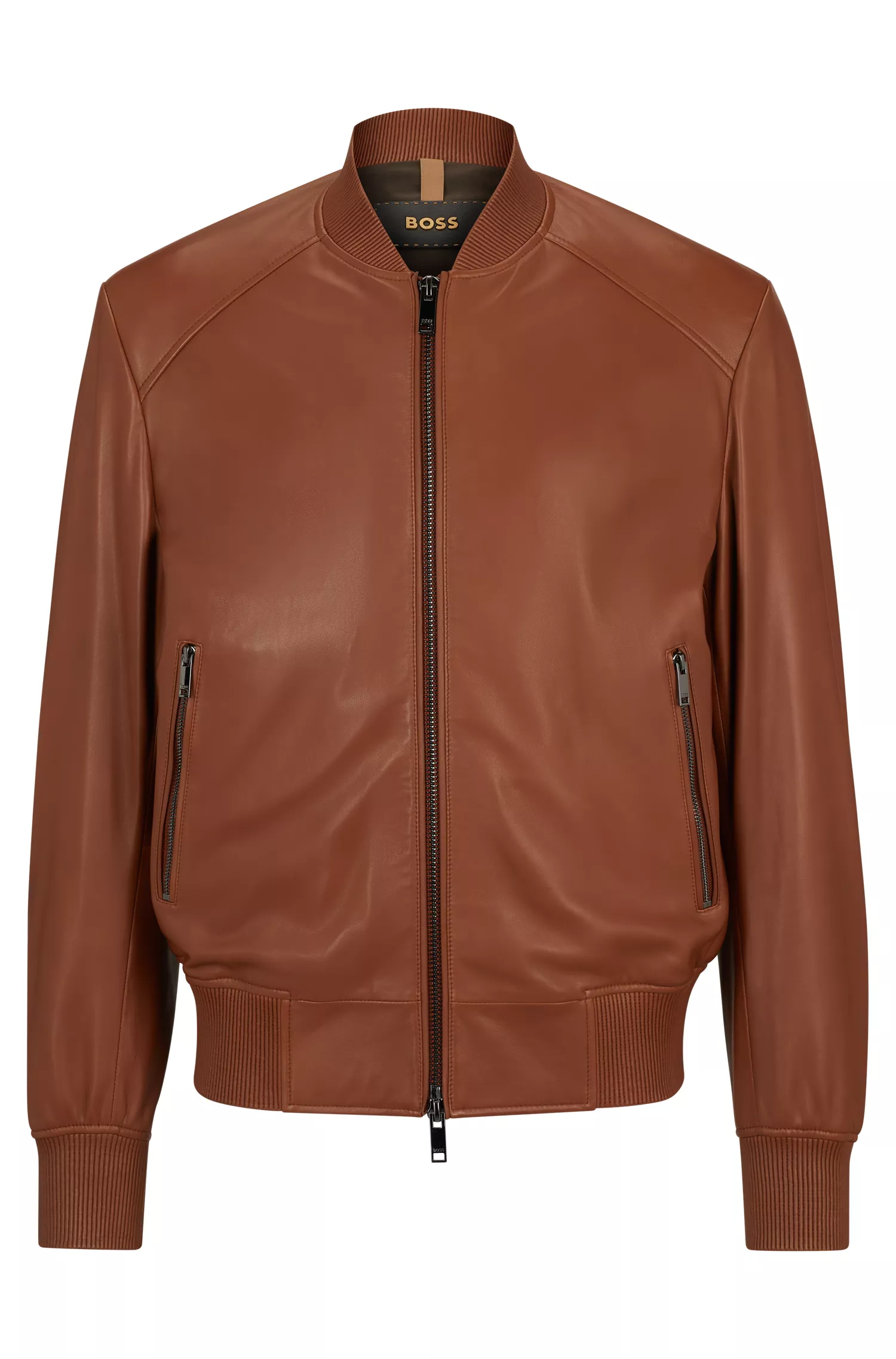 Jaqueta bomber BOSS cor camelo, corte regular, em couro de carneiro.