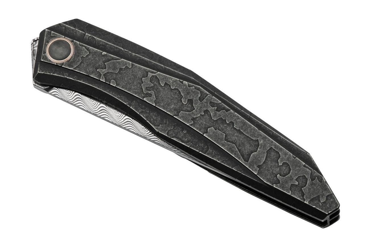WE Knife Cybernetic WE22033-DS1 Stonewashed Etched Black Titanium, Hakkepella Damaststeel, zakmes