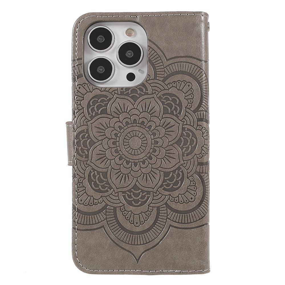 iPhone 13 Pro Leder Tasche Wallet - Mandala Flowers Imprint - Grau