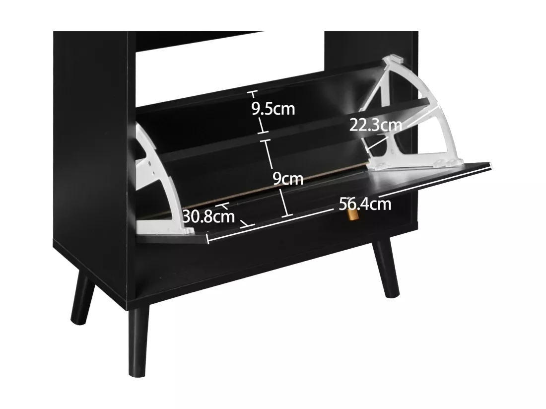 Meuble à Chaussures avec 2 Portes et 1 Tiroir, Rattan Noir, Portes Demi-Circulaires Interchangeables, Double Étagère, 60 cm, Sans Dos
