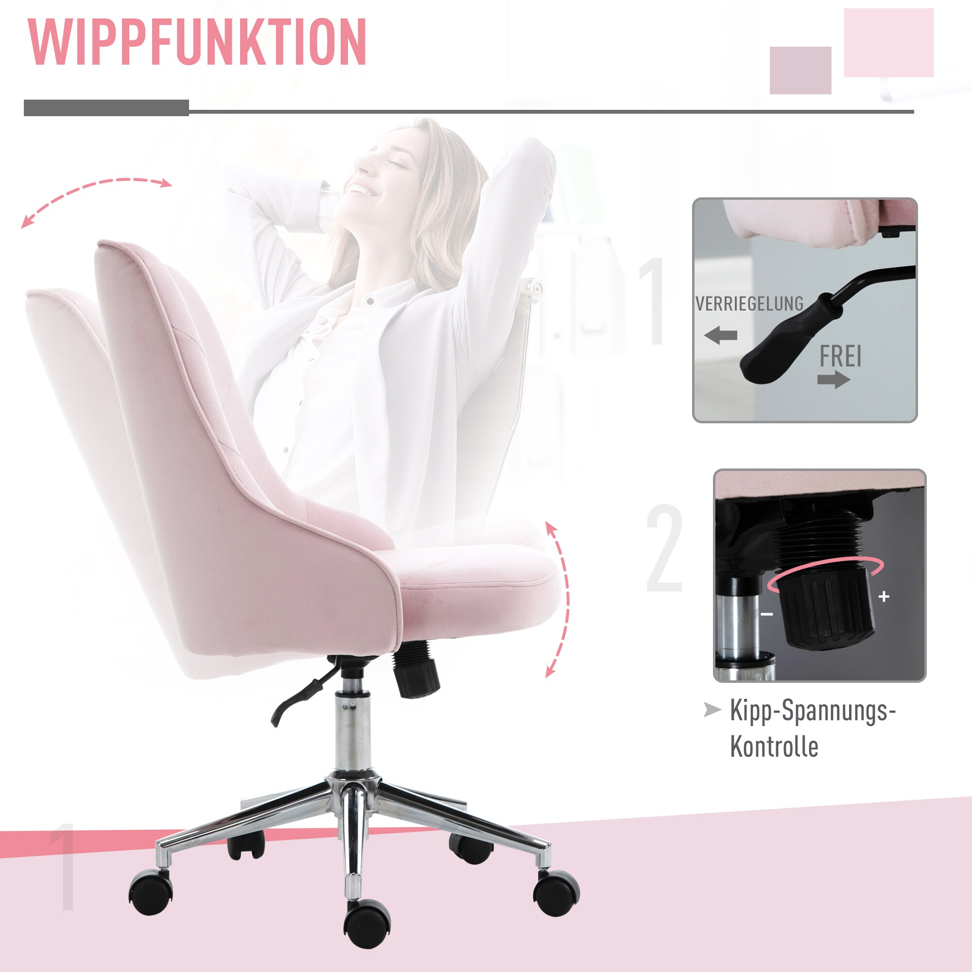Vinsetto Bürostuhl mit Wippfunktion rosa 57 x 61 x 86-96 cm (BxTxH)