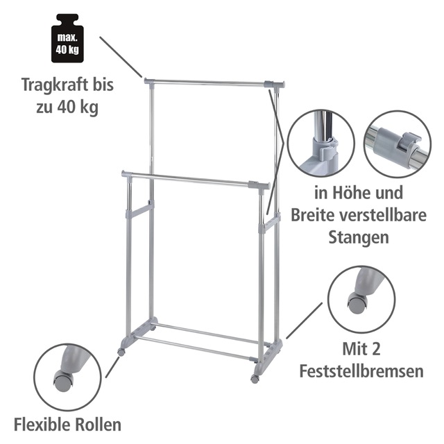 WENKO Kleiderständer »Modell Twin Bars« Garderobenständer mit 2 Stangen, höhenverstellbar, mit 4 Rollen