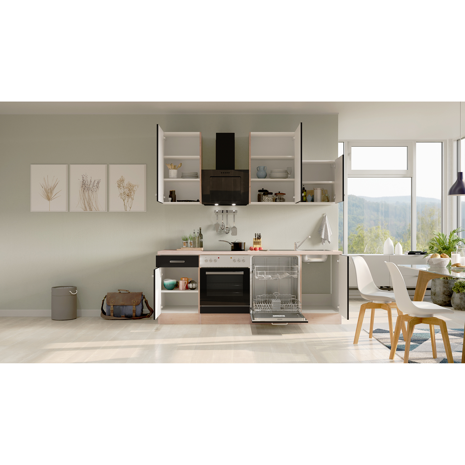 Küchenblock RISENTO - anthrazit-San Remo Eiche - mit E-Geräten - 220 cm