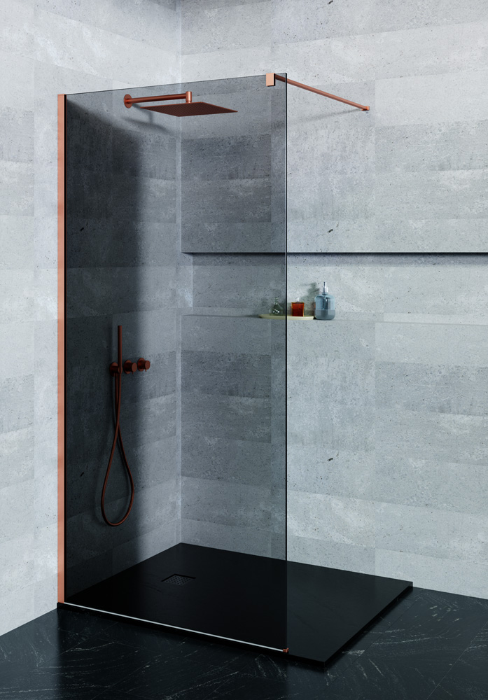 Saniclear Shade douchewand rookglas 110x200cm geborsteld koper profiel