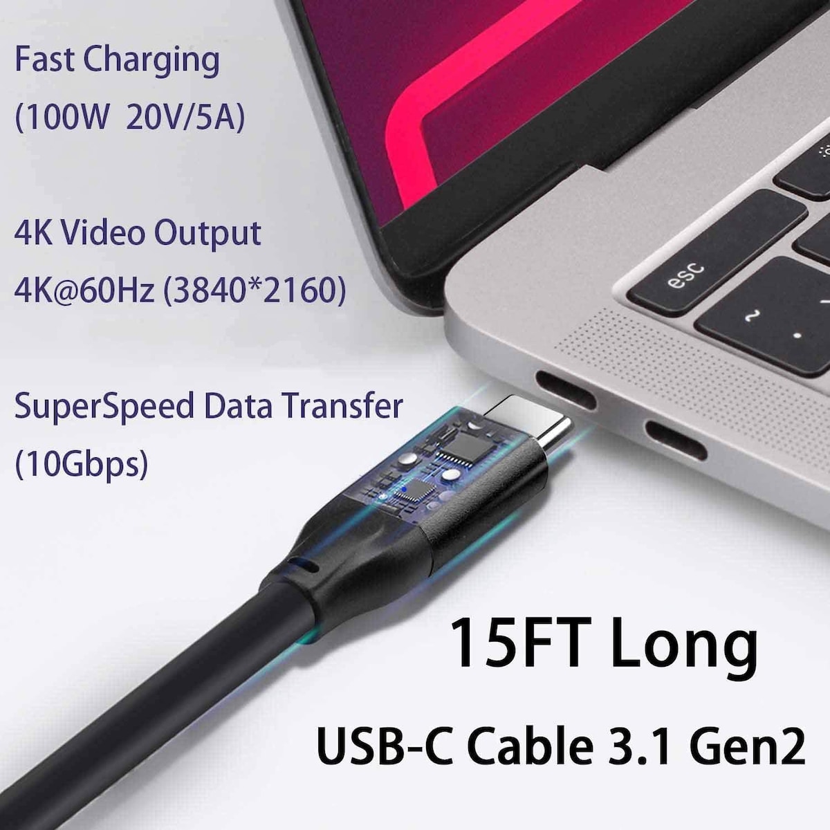 USB IF-sertifisert 1m USB3.2 Gen2 SuperSpeed ​​​​USB 10Gbps USB-C til C-kabel med strømforsyning 100W, 4K60Hz video og Emarker