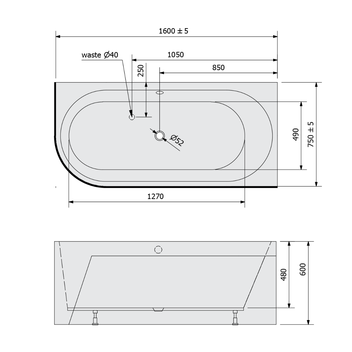 Polysan Monolith ligbad rechts 160x75x60cm wit