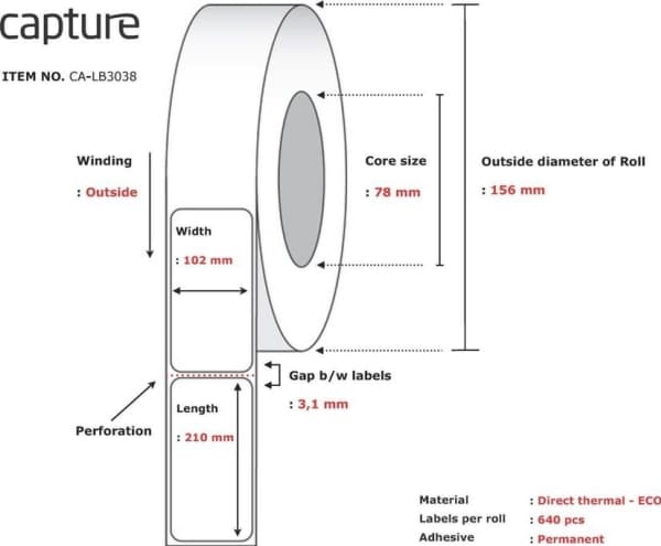 Capture - Eco paper - permanet adhesiv - ubelagt - perforert - hvit - 102 x 210 mm 5120 etikett(er) (8 rull(er) x 640) boks - merkelapper