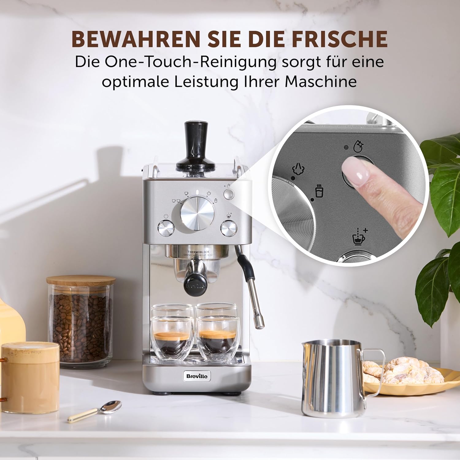 Breville Barista-Espressomaschine „Slimline | integrierter Milchaufschäumer | kompakte Kaffeemaschine für Cappuccinos, Lattes und mehr | 15-bar-Pumpe | Silber [VCF185X]