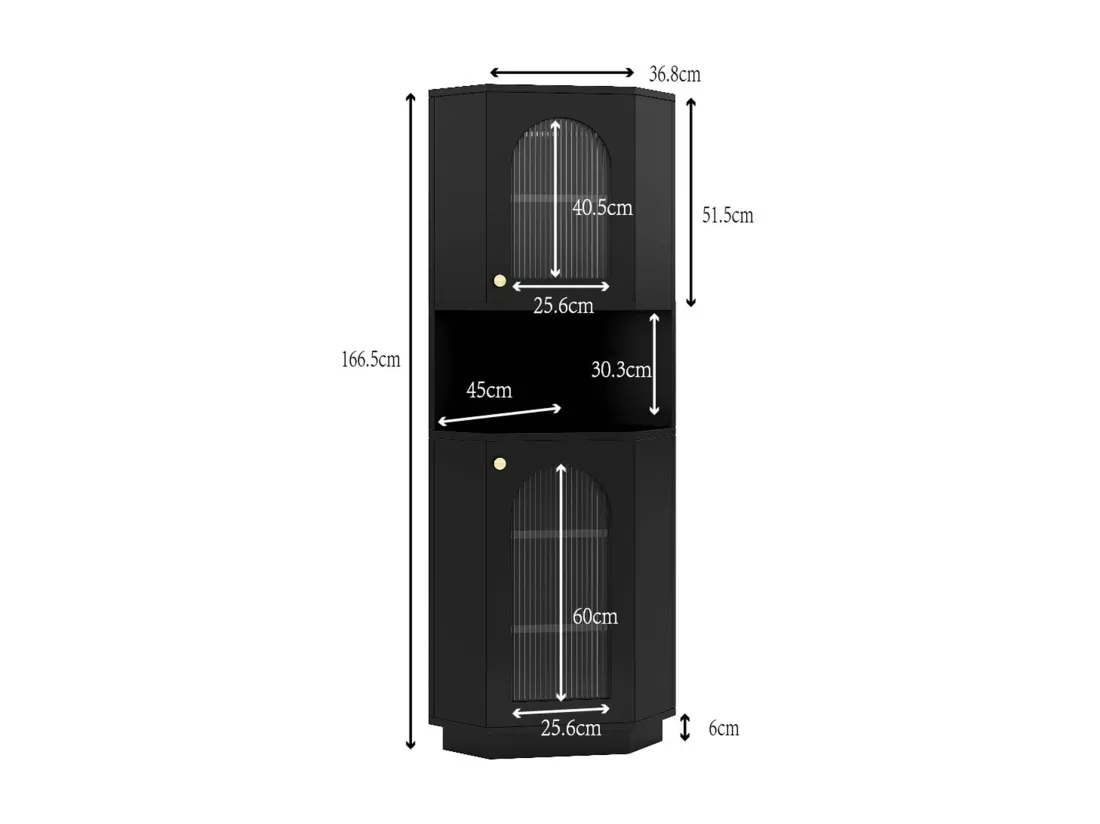 Colone d'angle de salle de bain - avec 2 portes - avec LED - étagères réglables - Noir