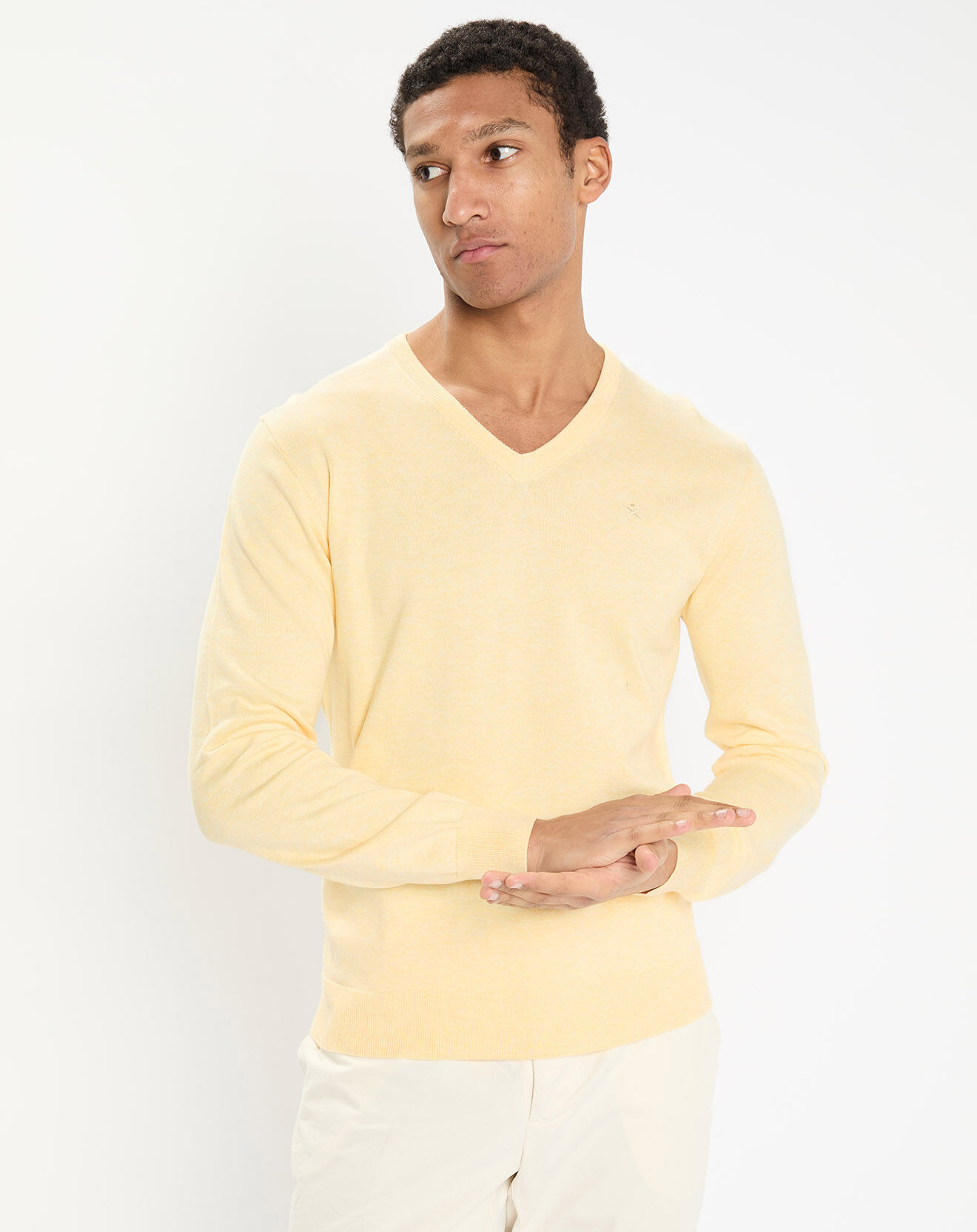 Hackett London Pull en Coton & Soie col V jaune chiné