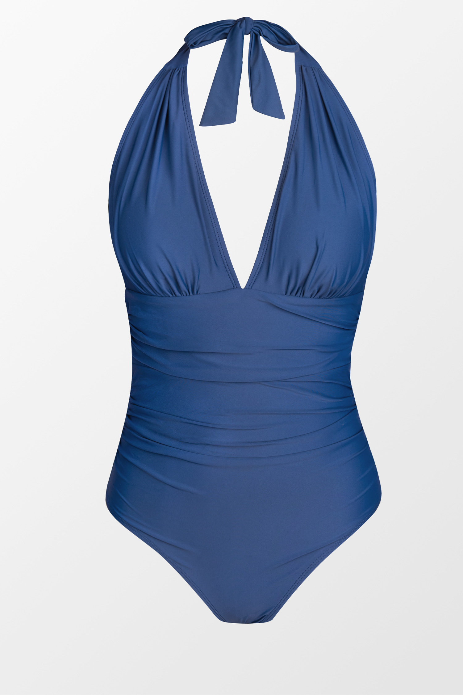 Maillot de bain une pièce bleu à col plongeant et licou ruché