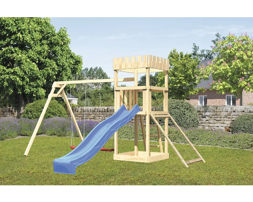 Speeltoren/speelhuis Karibu Leeuwenhart, 107 x 107 cm, van hout, bestaande uit een glijbaan, 2 schommelsets en een blauwe nethelling.