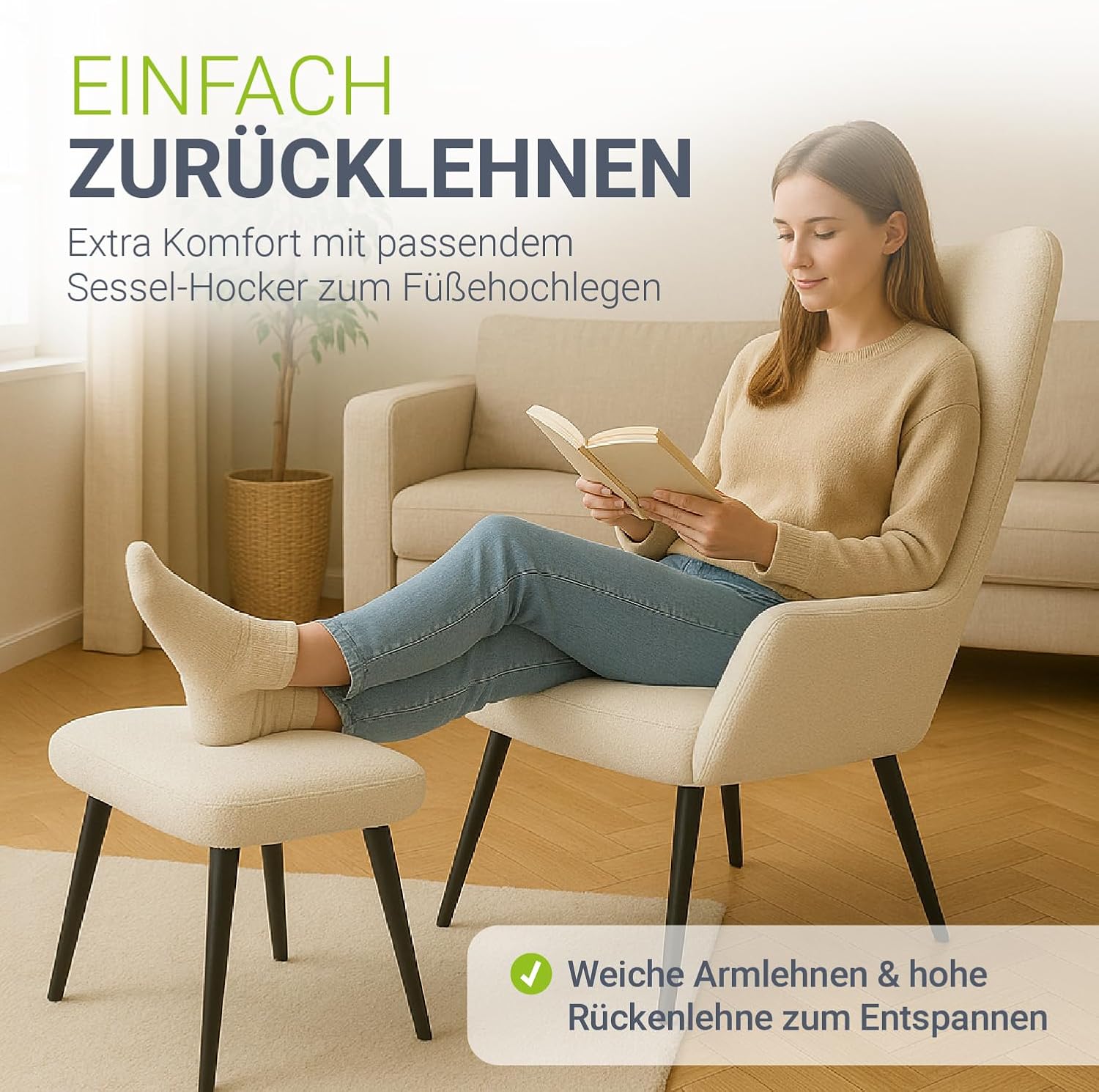 Juskys Ohrensessel Odense mit Hocker, Relaxsessel mit Bouclé-Stoff, skandinavischer Stil, hoher Rücken & gepolstert, Stahlgestell – Beige
