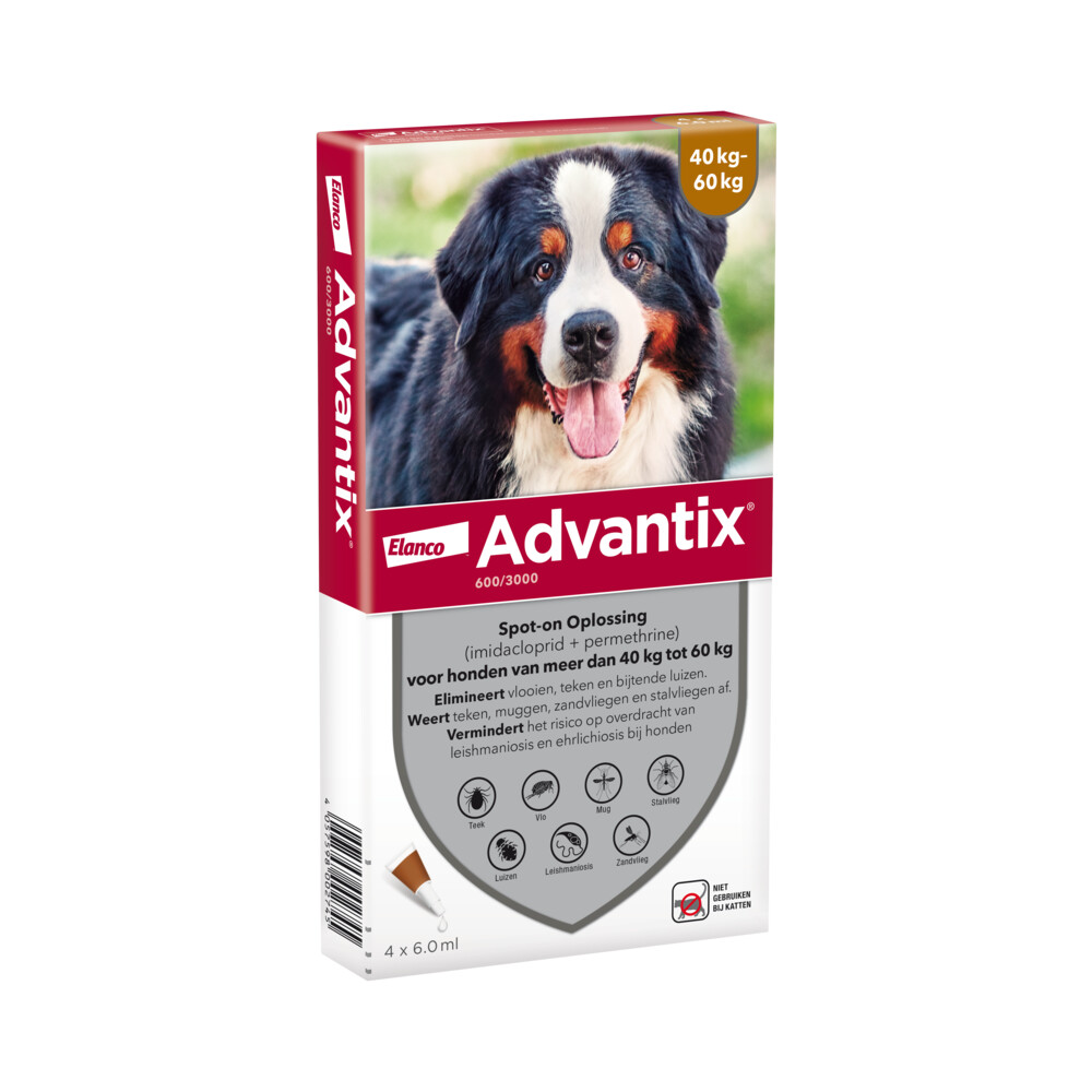 Advantix Spot On 600 Anti Vlooien en Teken Druppels Hond 40 - 60 kg4 pipetten