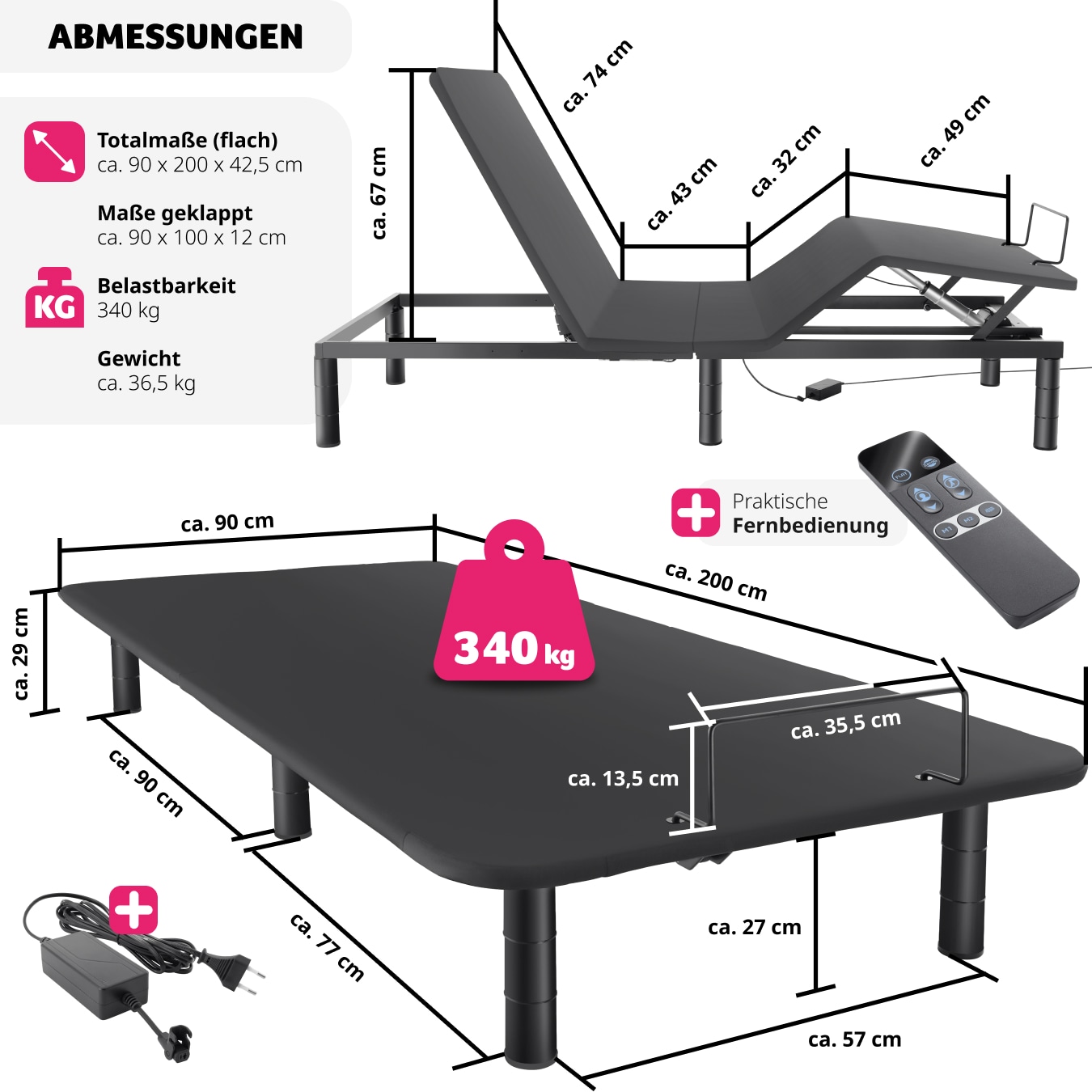 tectake® Bettgestell mit elektrisch verstellbarem Lattenrost, elektrisch verstellbares Rücken- und Fußteil, Belastbarkeit 340 kg, Polyesterbezug, 90 x 200 x 42,5 cm
