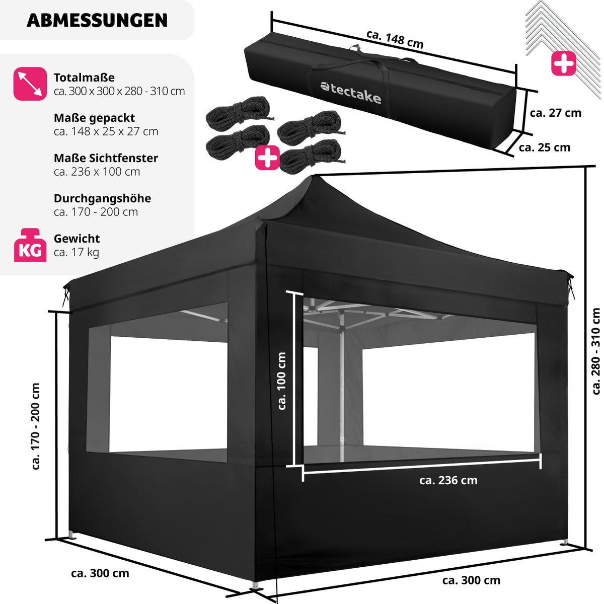 tectake Olivia paviljoen, 3 x 3 m, met aluminium frame inclusief scheerlijnen, haringen en draagtas