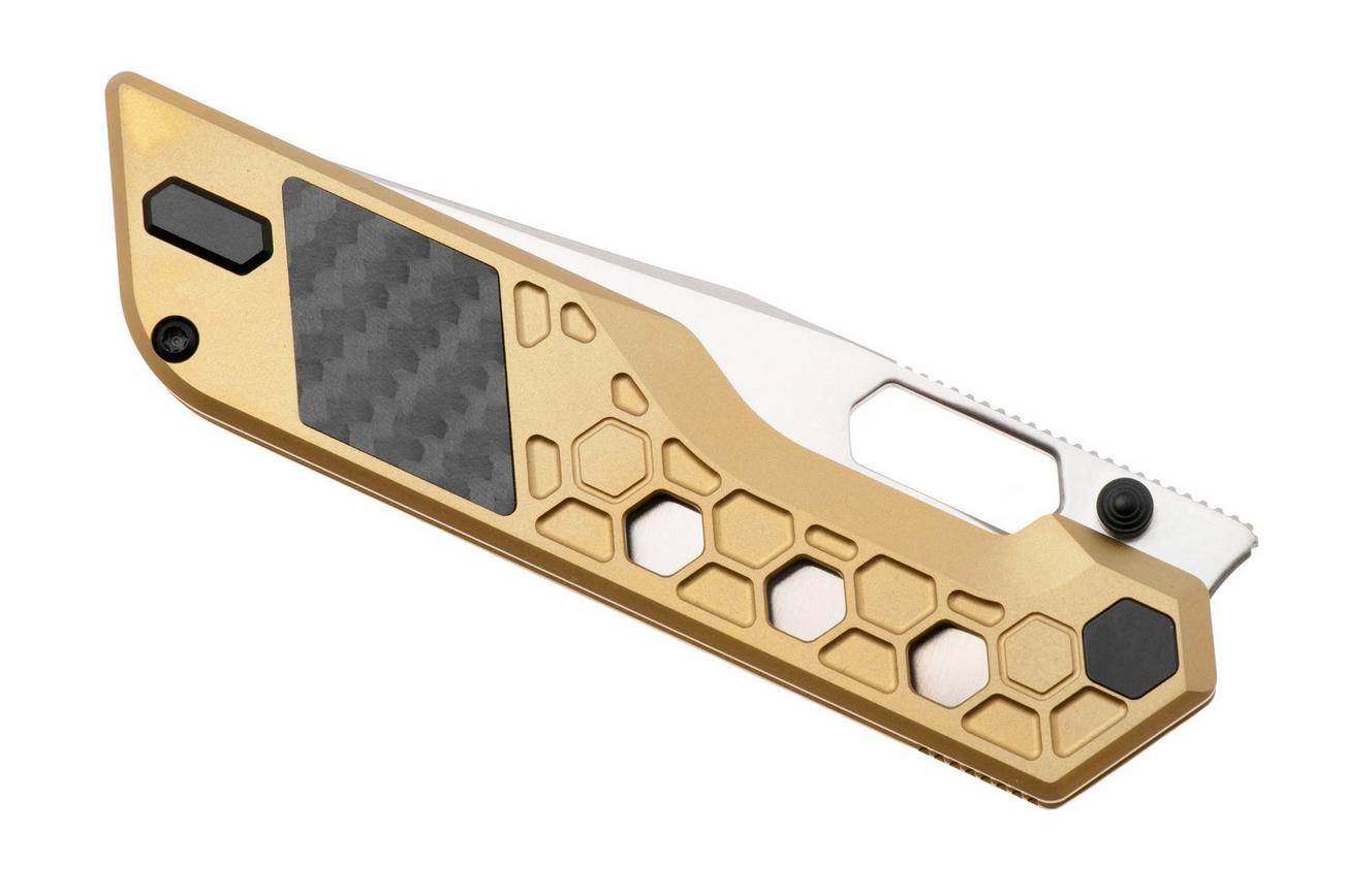 Artisan Cutlery Beest 1878G-GL, Satin CPM S35VN, Gold Titanium, Black Carbon Fiber Inlay zakmes