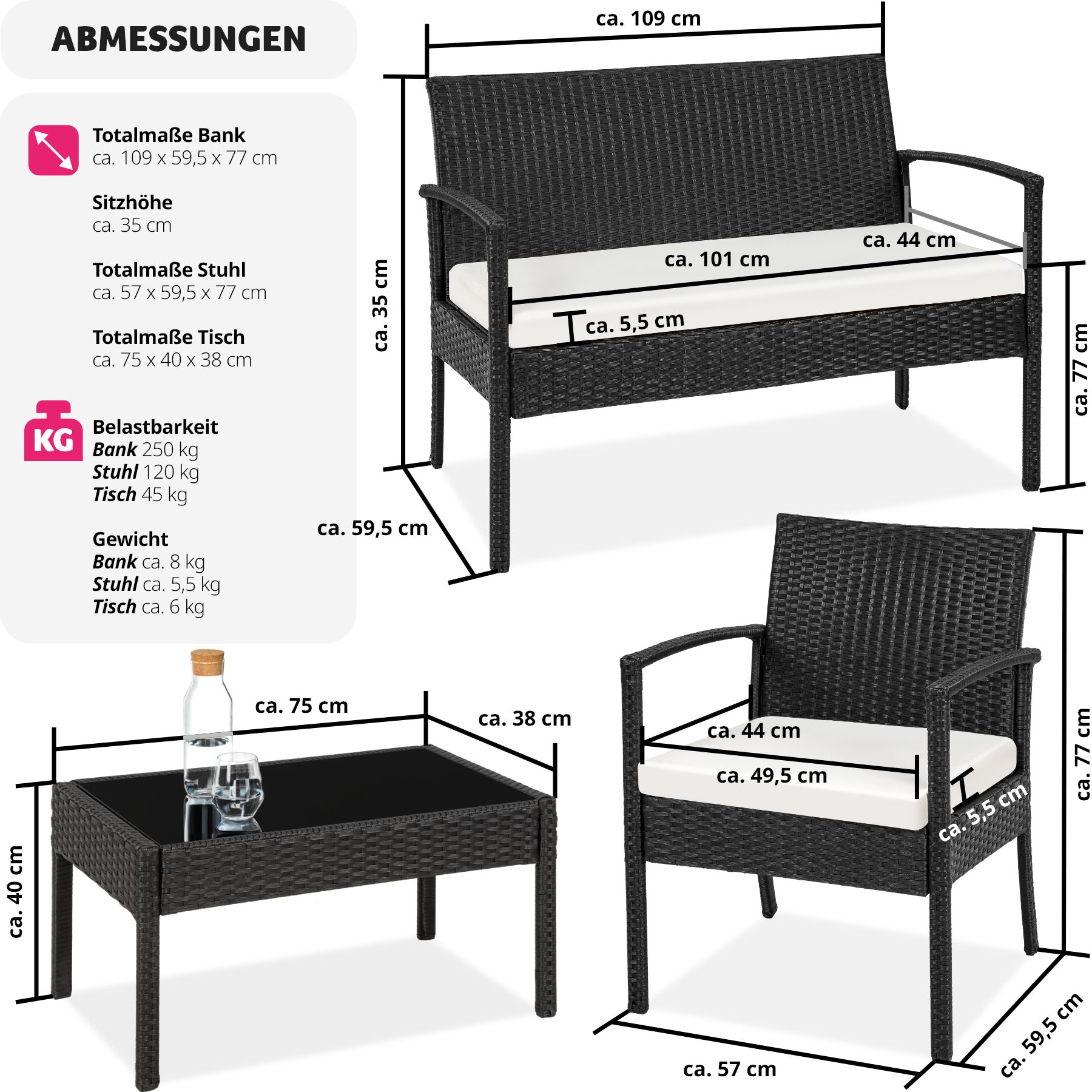 tectake® Rattan Sitzgruppe, für 4 Personen, UV-beständig, schlanke Gestelle