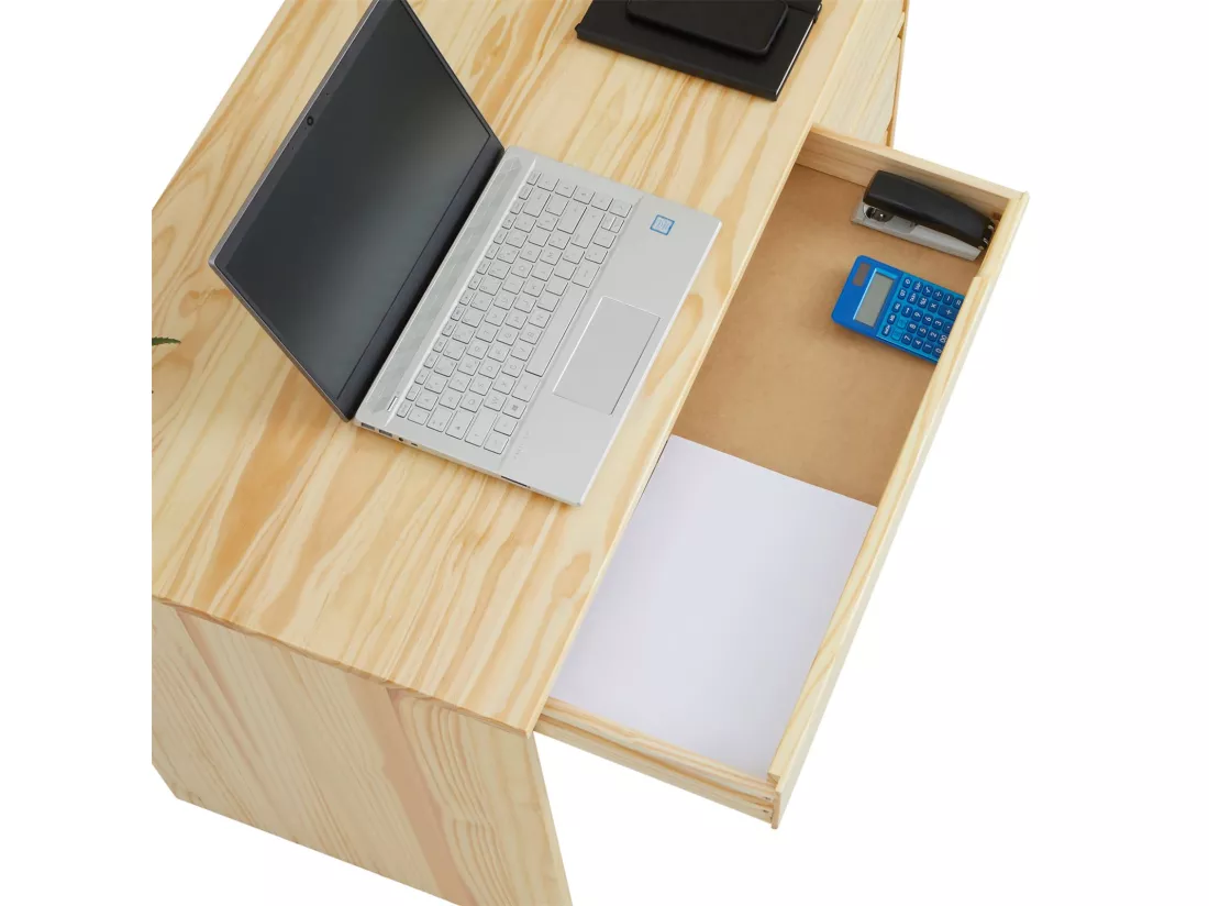 Bureau HUGO avec rangement 5 tiroirs style scandinave en pin massif à la finition naturelle