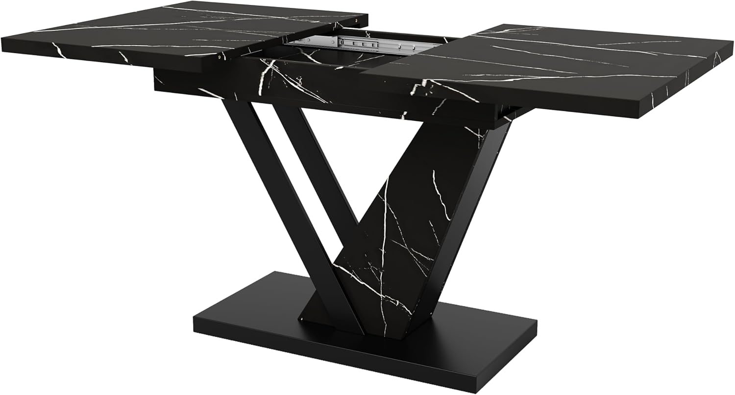 Esstisch Teleskoptisch (120-160 * 75cm), Tisch,mit Hilfe Innenliegender Einlegeplatten auf 120-160cm Ausziehbar, Esstisch mit Schwarzem Marmormuster
