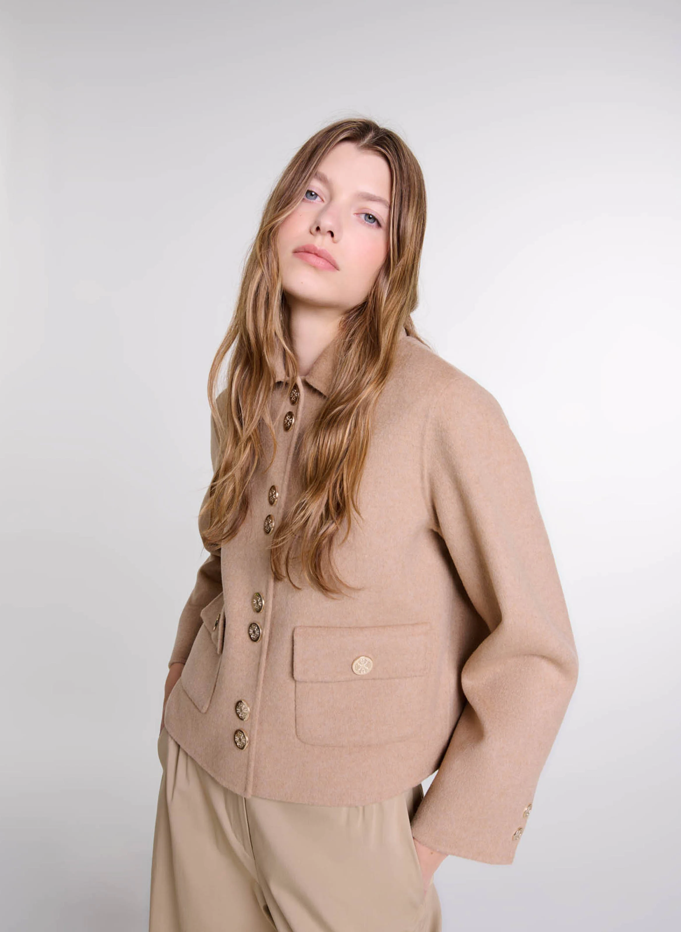 Veste col classique en laine mélangée | Beige