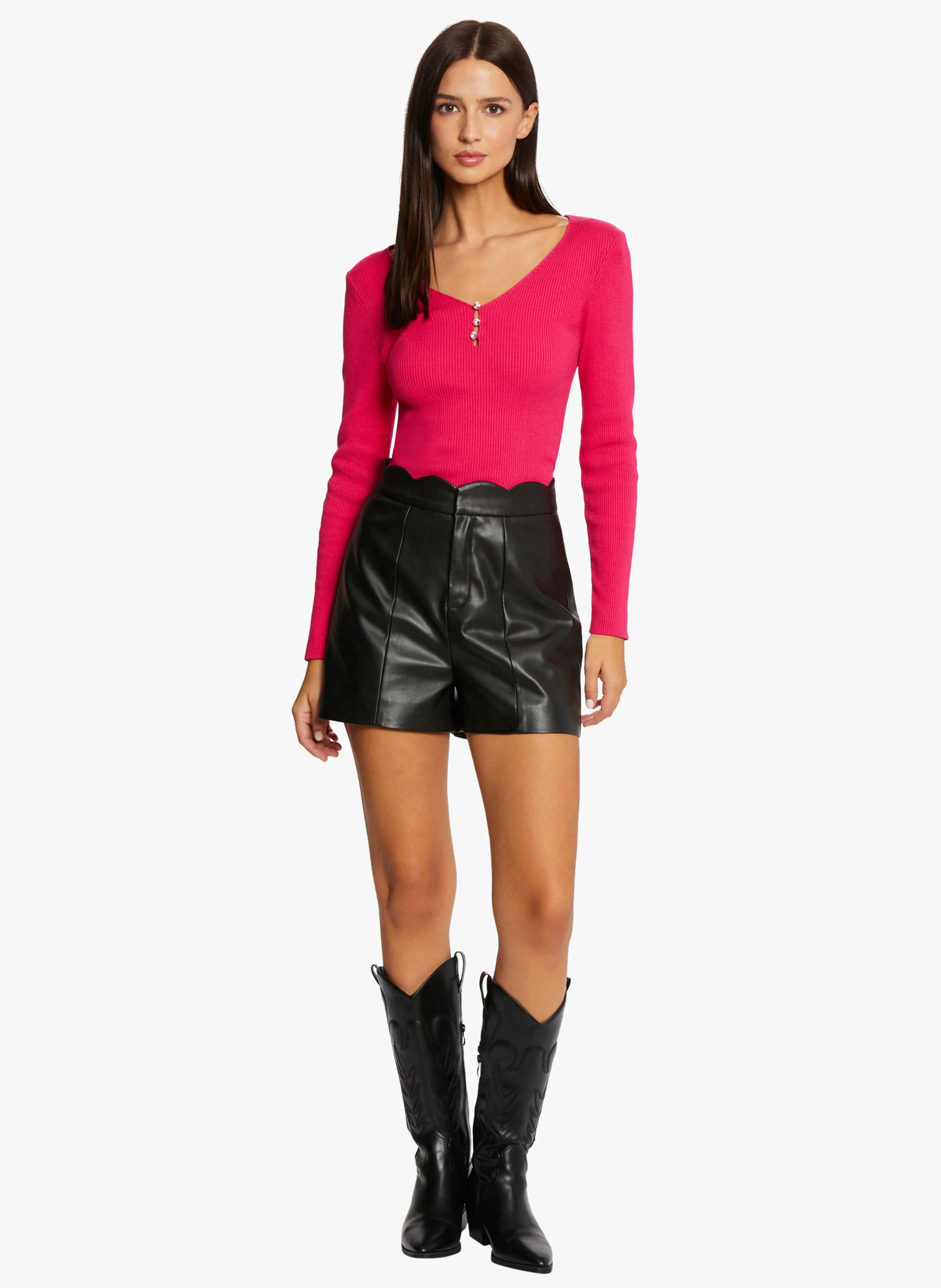 MVIE - Tee-shirt col V côtelé | Rose