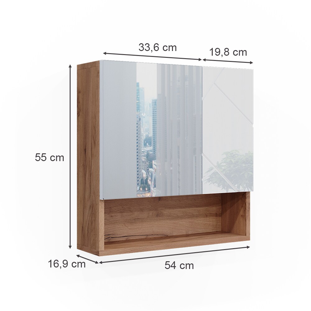 Vicco Spiegelschrank Badspiegel Wandspiegel Irma Eiche Weiß Hochglanz modern 54x55 cm Badezimmer Schrank Badschrank Badezimmermöbel Badmöbel 2 Türen