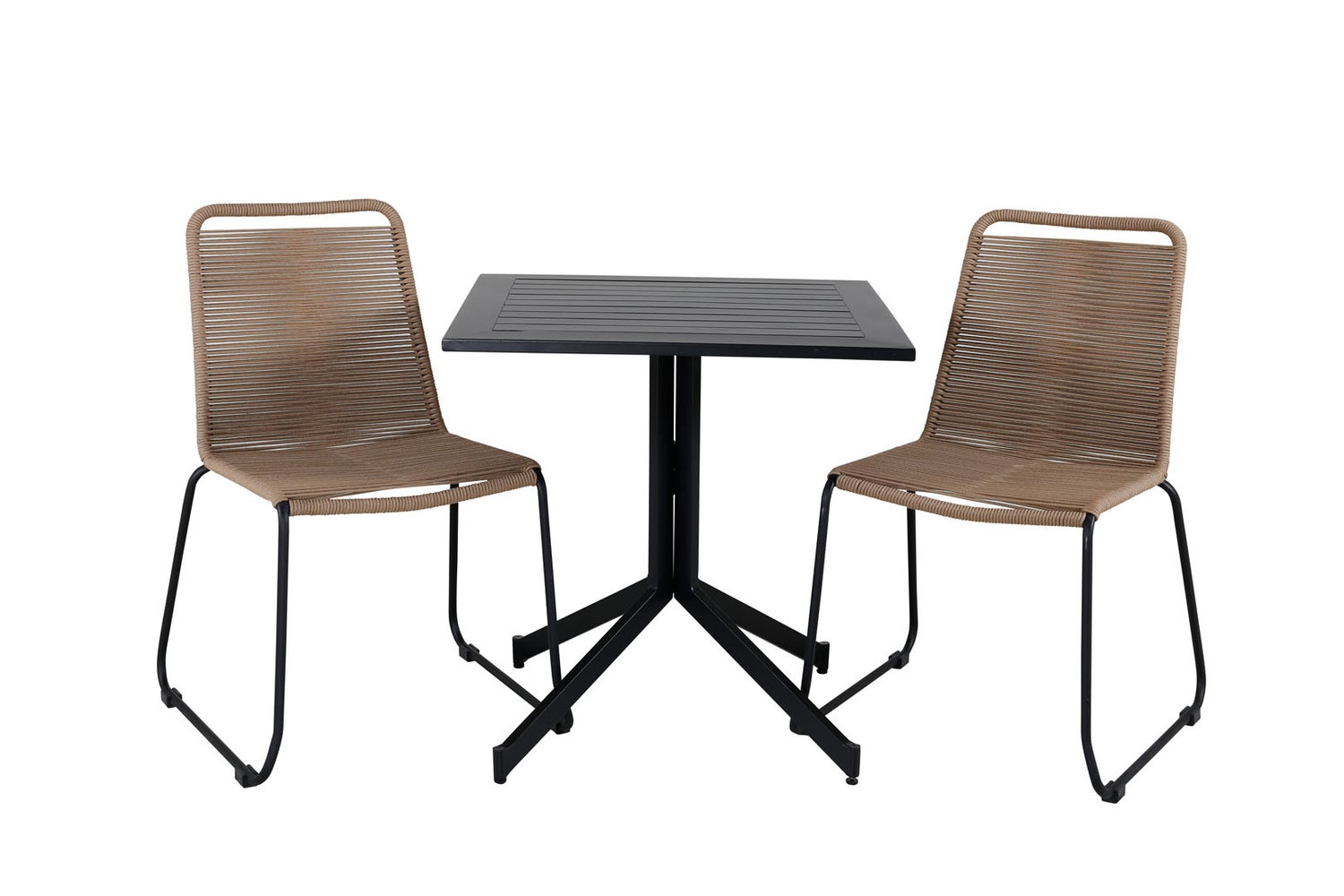 Tuinset Way, tafel 70x70cm en 2 stoelen, stabelL Lindos zwart. 70 x 70 x 72 cm