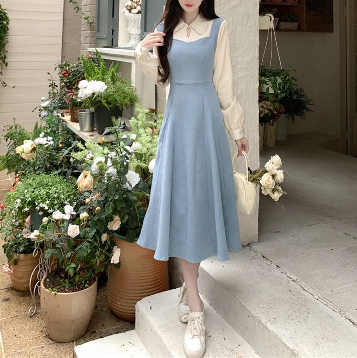 aistera - Mock Two-Piece Long-Sleeve Two Tone Midi A-Line Dress
