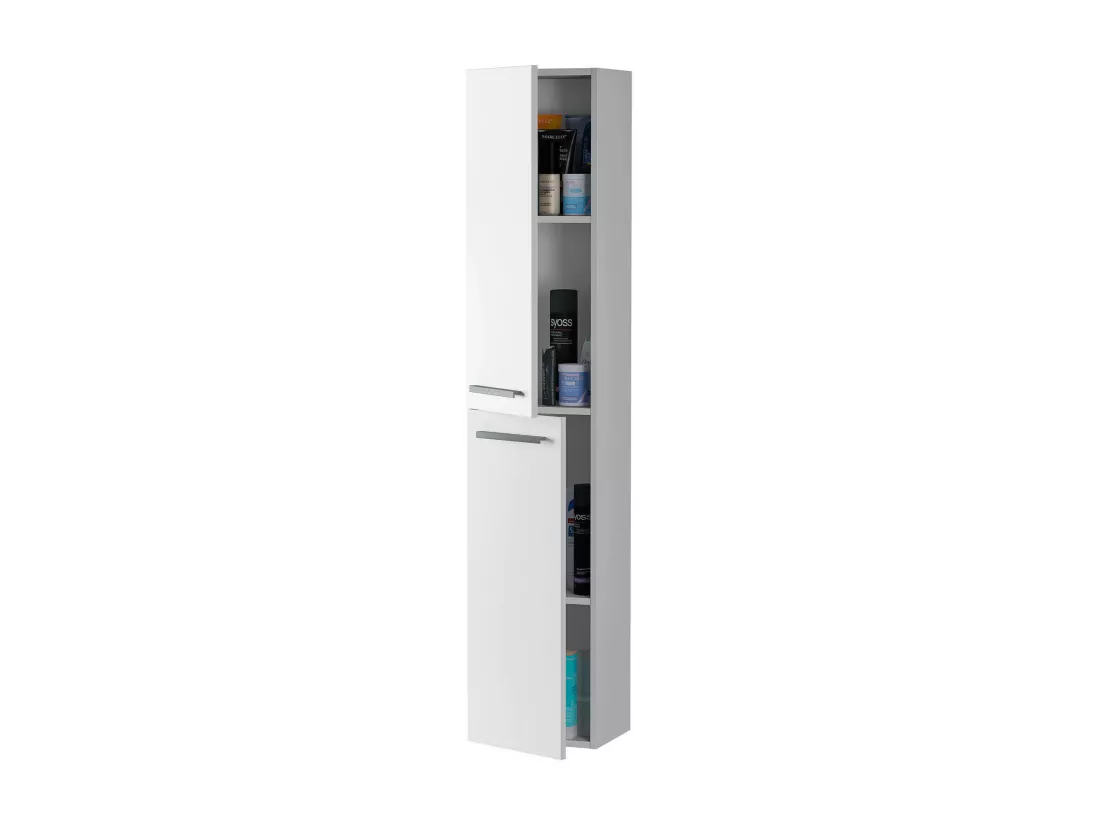Colonne de salle de bain Alexandria, Armoire colonne de salle de bain avec 2 portes, Armoire murale suspendue avec 2 étagères, 30x25h150 cm, Blanc brillant