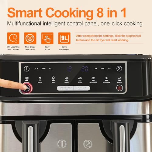 Air Fryer avec Double Compartiment, Emphsism Friteuse Sans Huile 9L Avec 8 Programmes 2600W, Friteuse à Air Chaud, Fonctions Match Cook & Smart Finish, Friteuse Electrique avec LED Écran Tactile : Cuisine et Maison