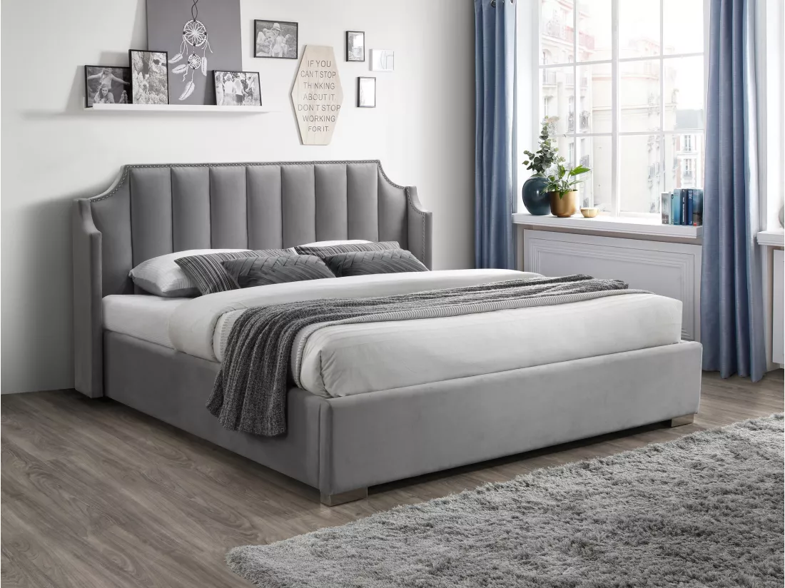 Lit coffre 180 x 200 cm avec tête de lit incurvée - Velours - Gris clair - TEOMIS