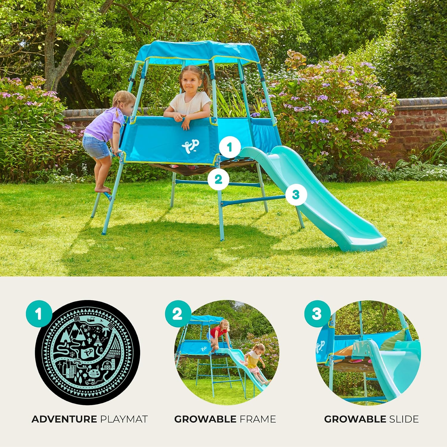TP Growable Adventurer Klettergerüst aus Metall mit Rutsche und Vordach, höhenverstellbar, für Kinder von 18 Monaten bis 3 Jahren, langlebige Outdoor-Spielstruktur, fantasievolle Spielmatte inklusive