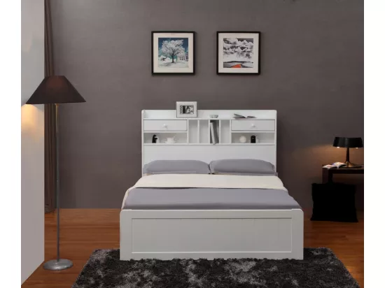 Lit avec rangements 140 x 190 cm - Pin - Blanc + Sommier - MEDERICK