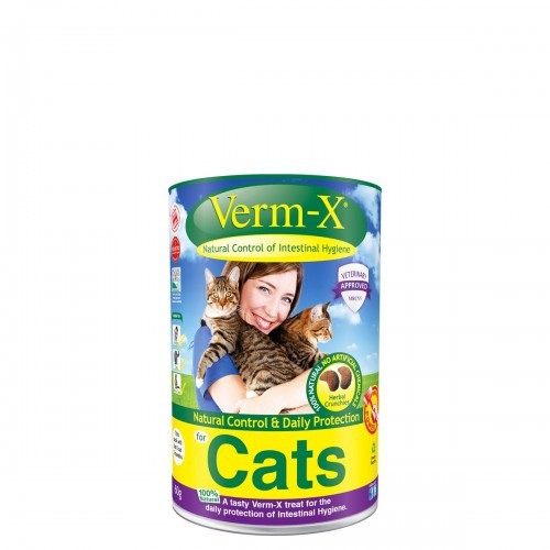 Petiscos Herbal Verm-X para gatos, sabor natural.