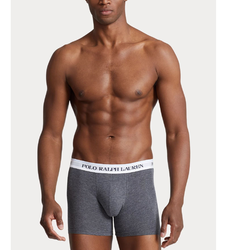 Conjunto com 3 cuecas boxer clássicas Ralph Lauren - pretas, cinzas e brancas.