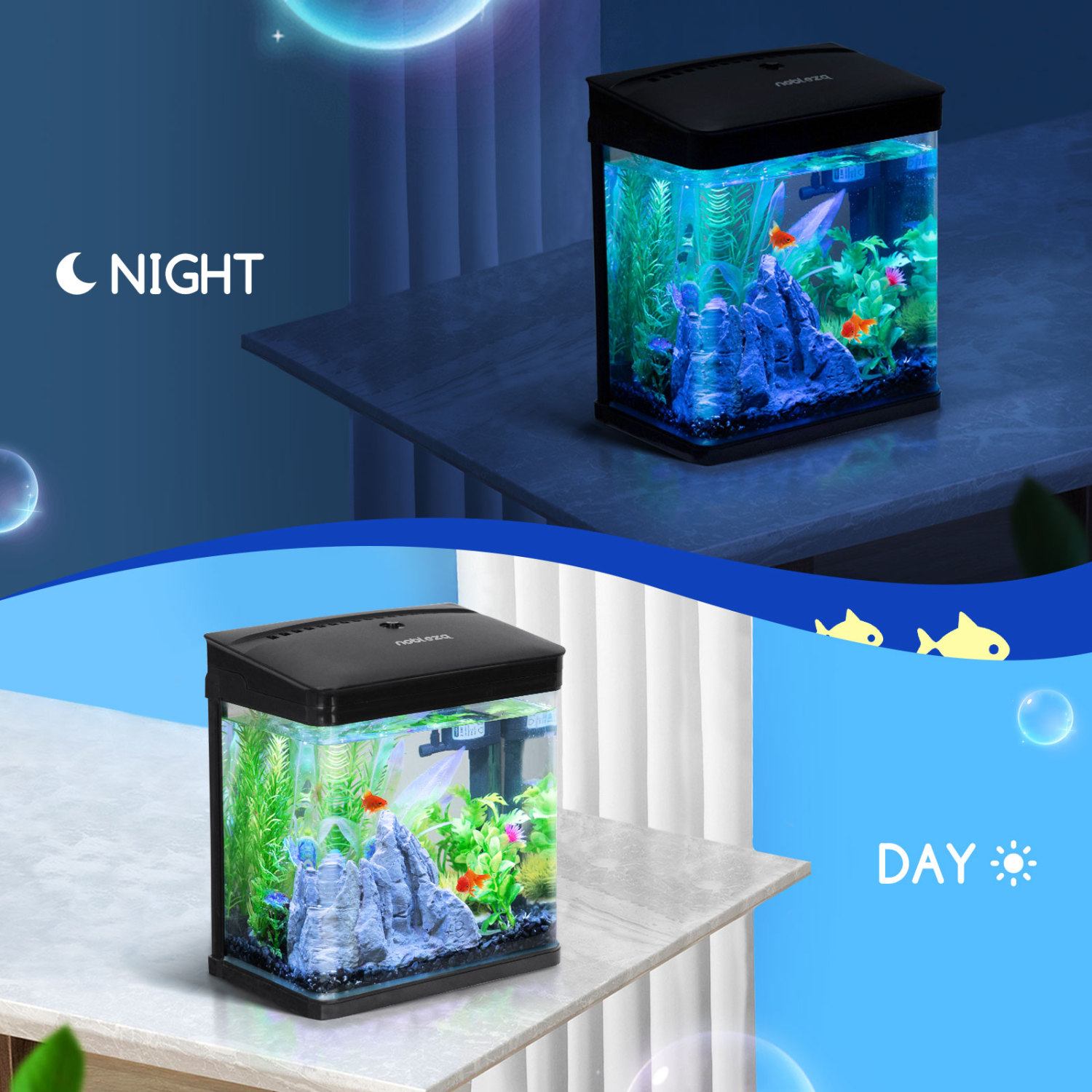 Nobleza - Aquário de vidro com tampa e luzes LED. Sistema de filtragem de 7 litros. Preto.