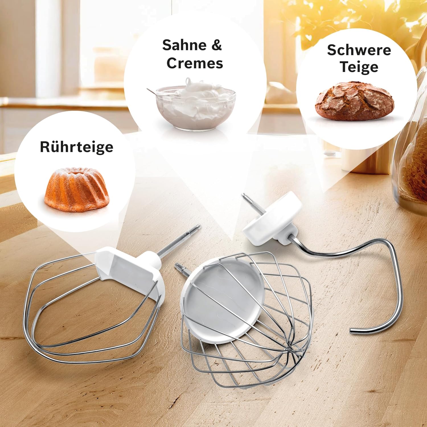 Bosch Küchenmaschine Serie 4, Knethaken, Rühr- & Schneebesen Edelstahl, Edelstahlschüssel spülmaschinenfest, 3D Rührsystem, weiß/silber, MUM58200